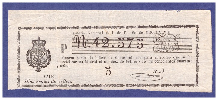 Lotería Nacional N 42.575. . 1848