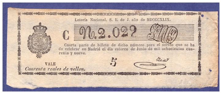 Lotería Nacional N 2.022. . 1849