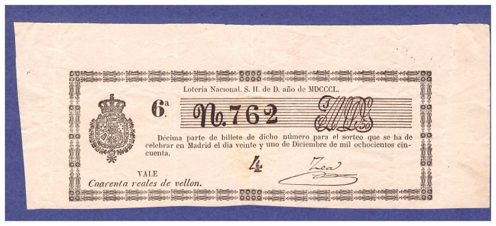 Lotería Nacional N 762. . 1850