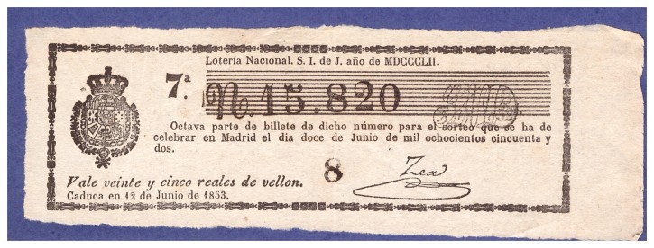 Lotería Nacional N 15820. . 1852