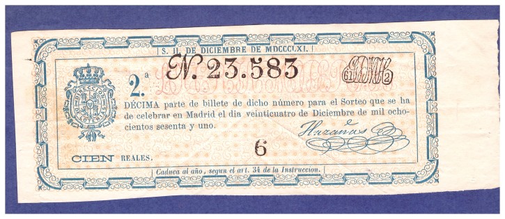 Lotería nacional N 23.583. . 1861