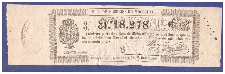 Lotería Nacional N 18.278. . 1862