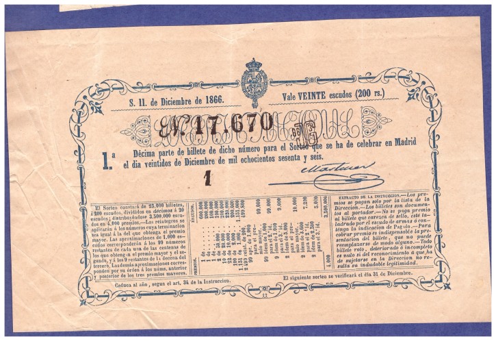 Lotería Nacional N 17.670. . 1866