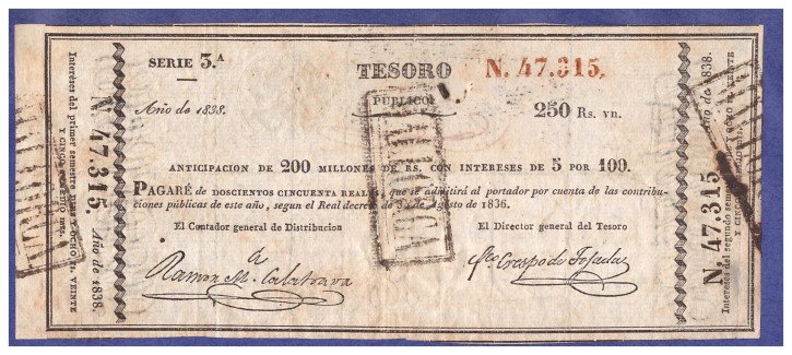 TESORO PUBLICO SERIE 3ª N. 47.315. . 1838. Precio: 50€