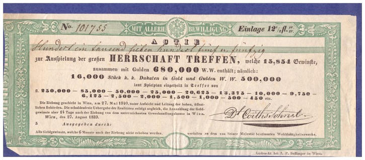 Actie zur Ausspieliung der groken Herrschaft Treffen. . 1839. Precio: 50€