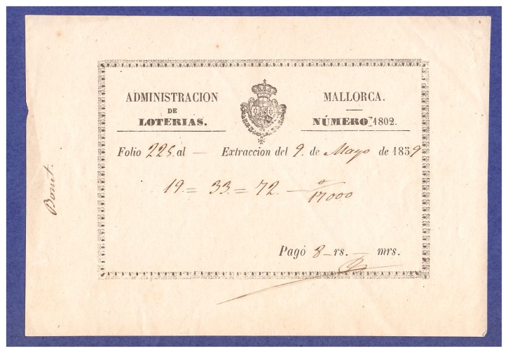 Administración de loterías de Mallorca número 1802. . 1859