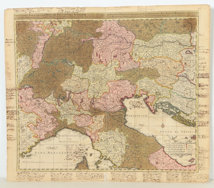 Exactissima tabula qua tam Danubii fluvii pars superior, ab ejus fontibus ad Posonium urbem et minores in eum influentes fluvii quam regiones adjacentes ut Austria, Stiria, Carinthia, Carniola, Bavaria, Suevia, Helvetia, Tirolis maxima pars Italiae, nec non Galliae, et Hungariae confinia ostenduntur. Visscher, Nicolaes (1618-1679). . Precio: 350€