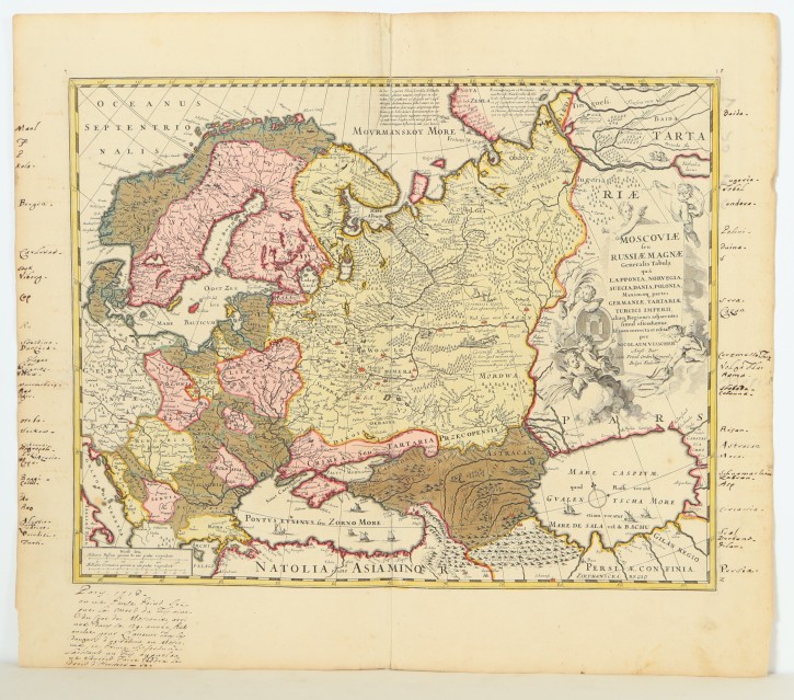Moscoviae seu Russiae Magnae Generalis Tabula qua Lapponia, Norvegia, Suecia, Dania, Polonia, Maximaeque partes Germaniae, Tartariae, Turcici Imperii, aliaeque Regiones adiacentes simul ostenduntur. Visscher, Nicolaes (1618-1679). . Precio: 250€