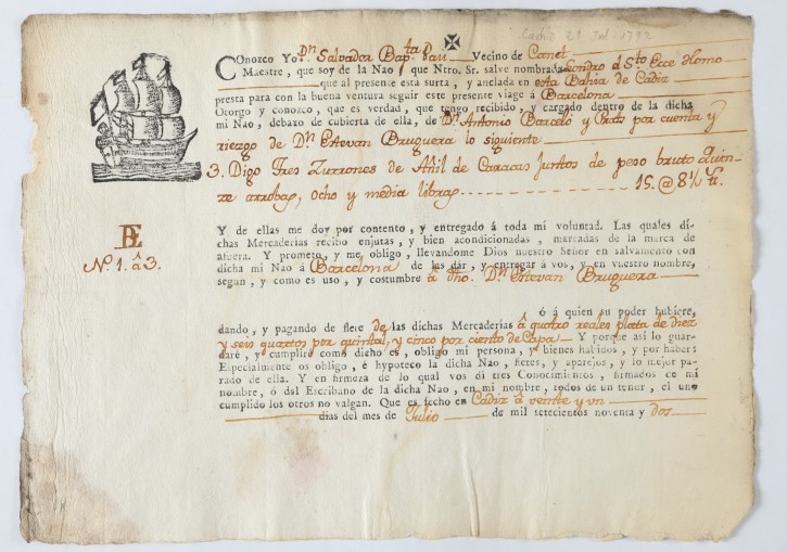 Conocimiento de embarque. Obligación y hipoteca de una nave, fletes y aparejos, en un viaje de Cádiz a Barcelona.. . 
