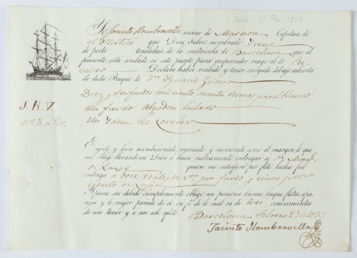 Conocimiento de embarque. Obligación y hipoteca de una nave, fletes y aparejos, en un viaje de Barcelona a Rivadeo.. . . Precio: 25€