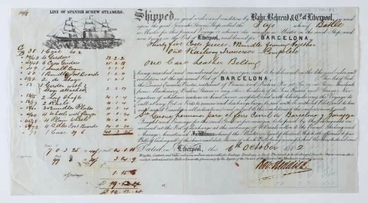 Conocimiento de embarque. Obligación y hipoteca de una nave, fletes y aparejos, en un viaje de Liverpool a Barcelona.. . . Precio: 25€