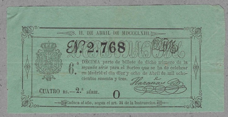 Lotería Nacional N. 2.768. . 1863
