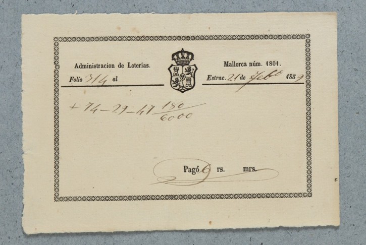 Administración de Loterías de Mallorca número 1801. . 1859