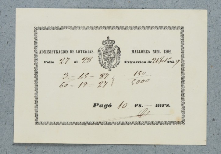 Administración de Loterías de Mallorca número 1802. . 1859