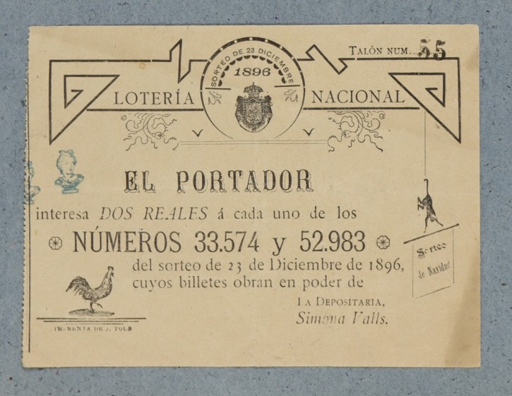 Lotería Nacional talón núm. 55. . 1896