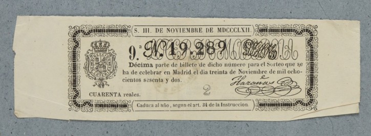 Lotería Nacional N. 19.289. . 1862