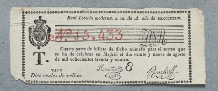 Real Lotería moderna N. 15.433. . 1834