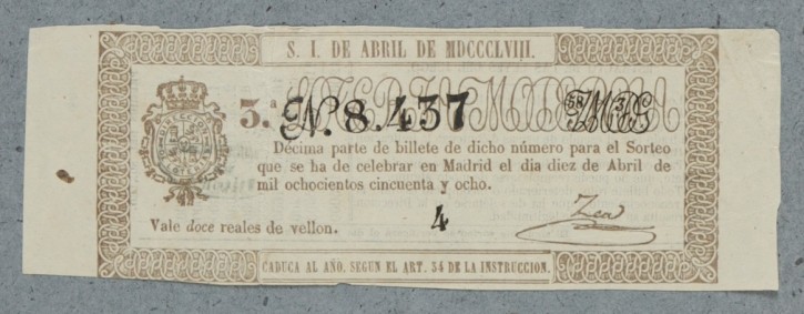 Lotería Nacional N. 8.437. . 1858