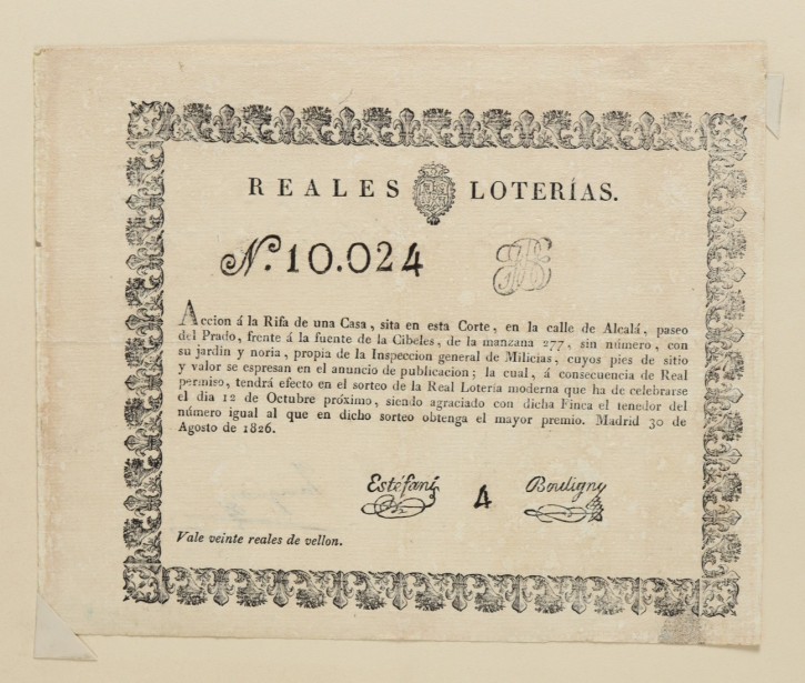 Billete Lotería de la Rifa de una casa propia de la Inspeccion General de Milicias, N. 10.024. . 1826