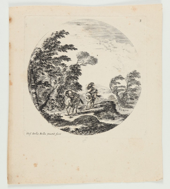 A gale in the forest, two horsemen wrapped in their cloaks, the wind blows. Della Bella, Stephano (1610-1664). 1643. Precio: 400€