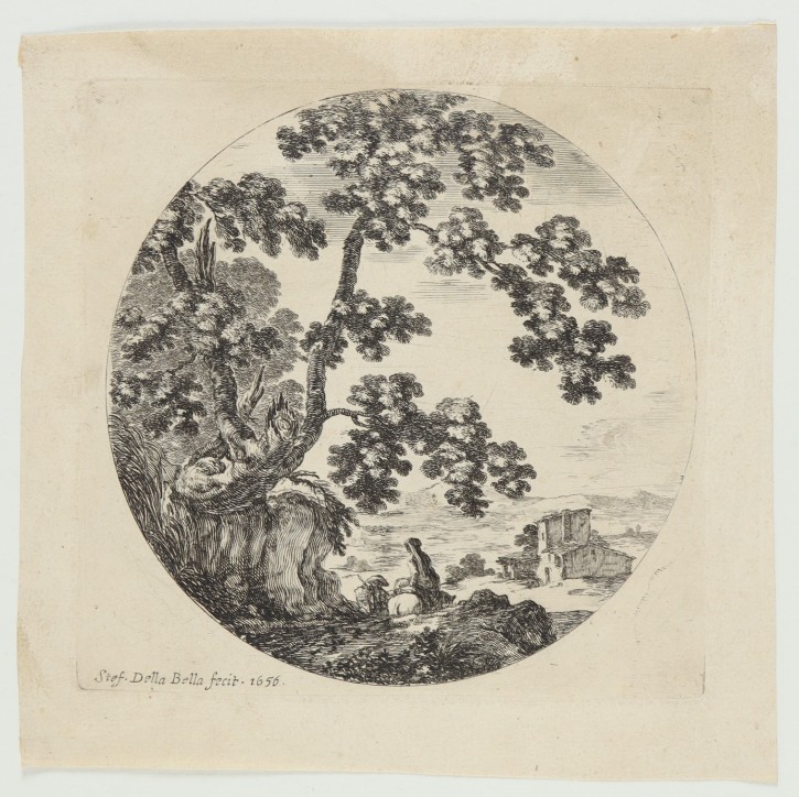 Two travellers walking past an old oak tree. Della Bella, Stephano (1610-1664). 1656. Precio: 400€