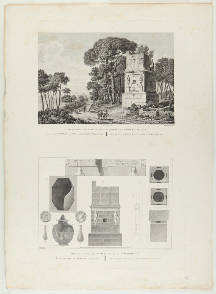 Vista pintoresca del Sepulcro de los Escipiones y de la ciudad de Tarragona junto con Detalles y cortes del Sepulcro de los Escipiones. . 1806. Precio: 120€